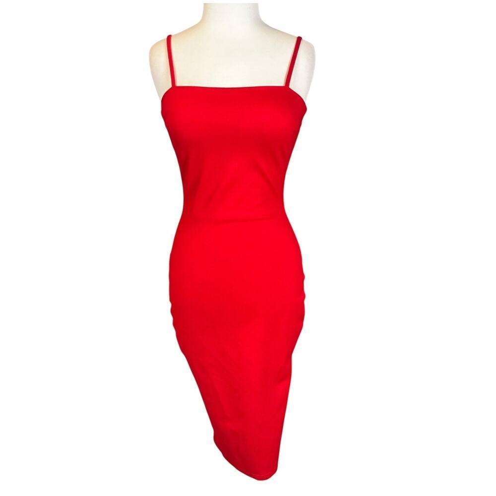 Sexy Red Bodycon Midi Dress Spaghetti Strap Gold Zipper Date Night Holiday Glam
